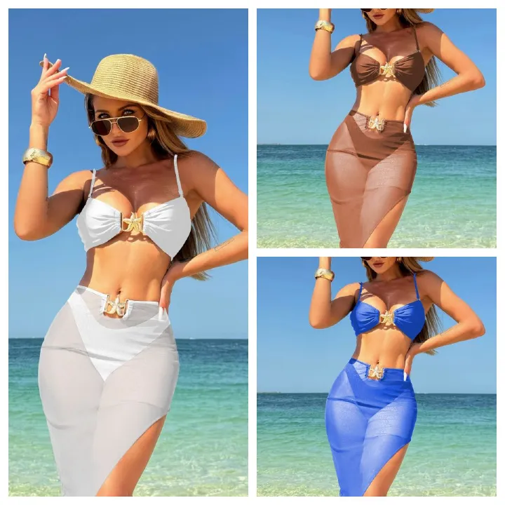 3Pieces Bikini 2025 Sexy Women Swimsuit Swimwear Female Solid Mesh Long Skirt Bikini Set Biquini Bathing Suit Swimming Suit