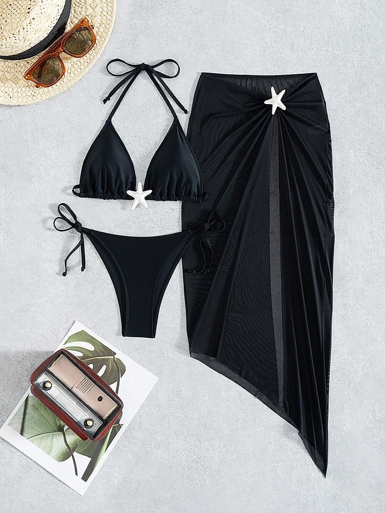 Women's Solid Bikini Swimsuit Three-piece Set Sexy Strapless Split Halter Swimwears with Cover-ups Skirts Beachwear Bikinis R0123