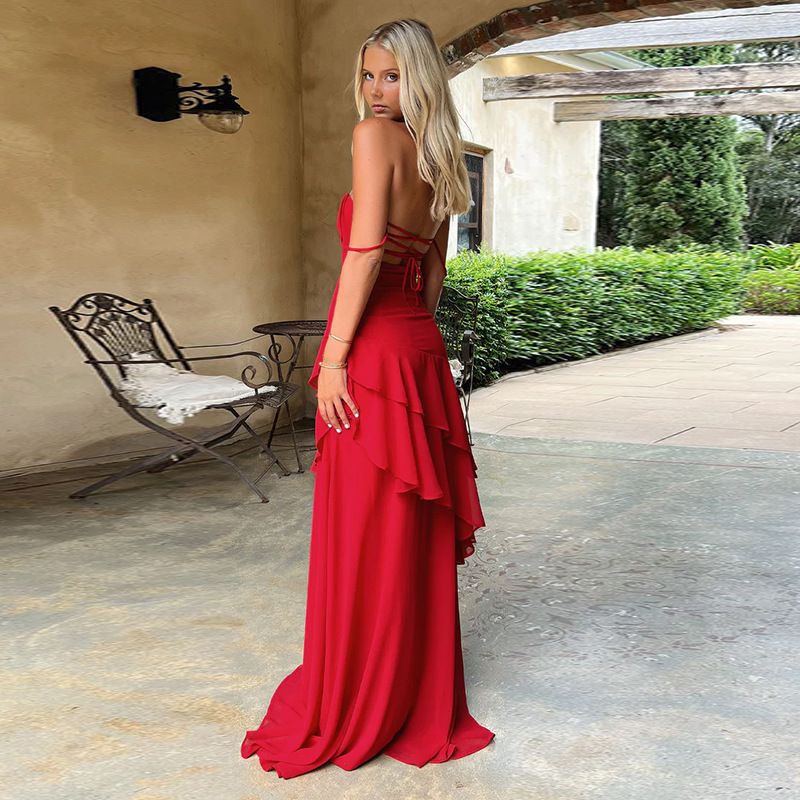 Elegant Ruffled Detail Slip Maxi Dress Vacation Outfits Sexy Backless Banadage Red Dresses Summer Sun Dresses New R0226
