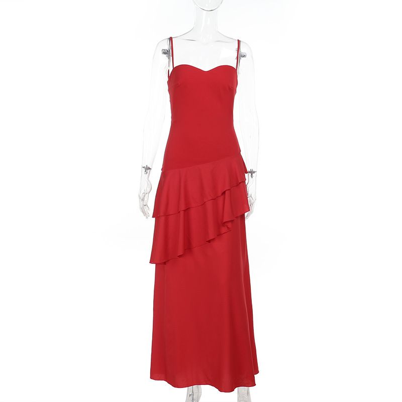 Elegant Ruffled Detail Slip Maxi Dress Vacation Outfits Sexy Backless Banadage Red Dresses Summer Sun Dresses New R0226