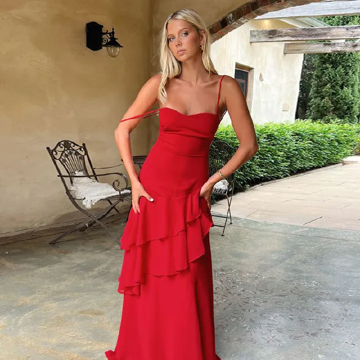 Elegant Ruffled Detail Slip Maxi Dress Vacation Outfits Sexy Backless Banadage Red Dresses Summer Sun Dresses New R0226