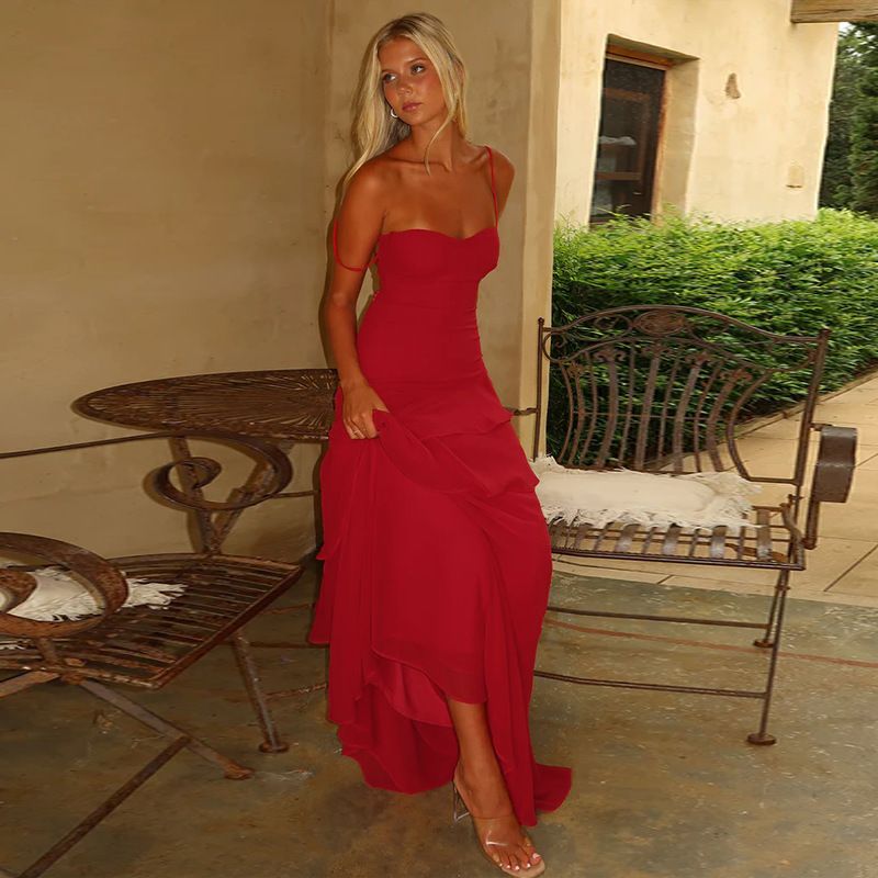 Elegant Ruffled Detail Slip Maxi Dress Vacation Outfits Sexy Backless Banadage Red Dresses Summer Sun Dresses New R0226