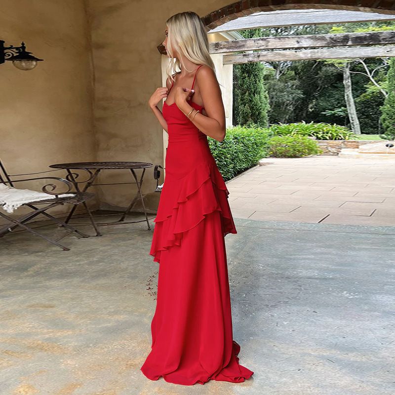 Elegant Ruffled Detail Slip Maxi Dress Vacation Outfits Sexy Backless Banadage Red Dresses Summer Sun Dresses New R0226