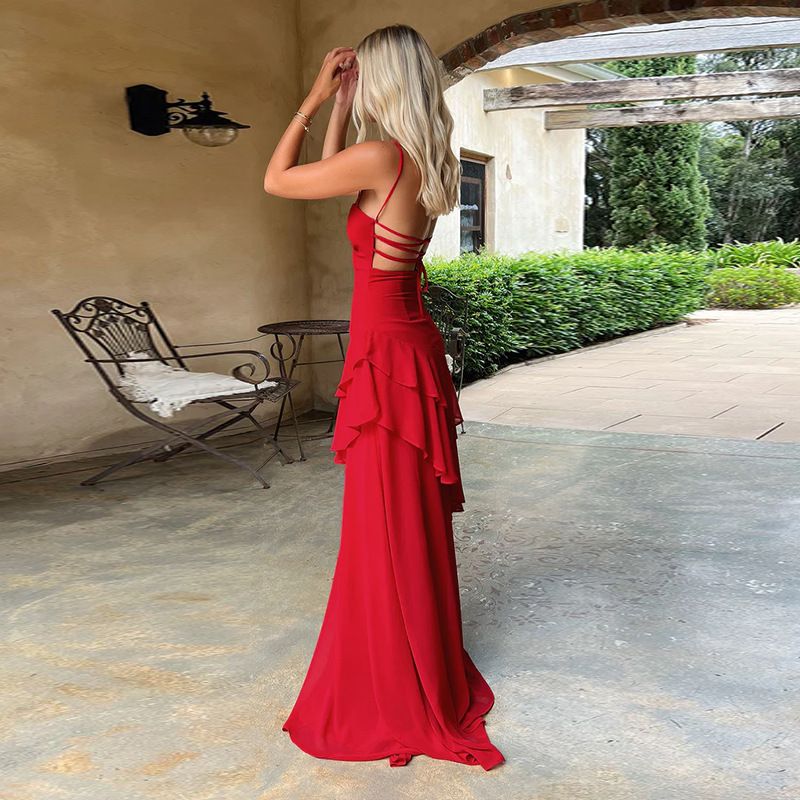 Elegant Ruffled Detail Slip Maxi Dress Vacation Outfits Sexy Backless Banadage Red Dresses Summer Sun Dresses New R0226