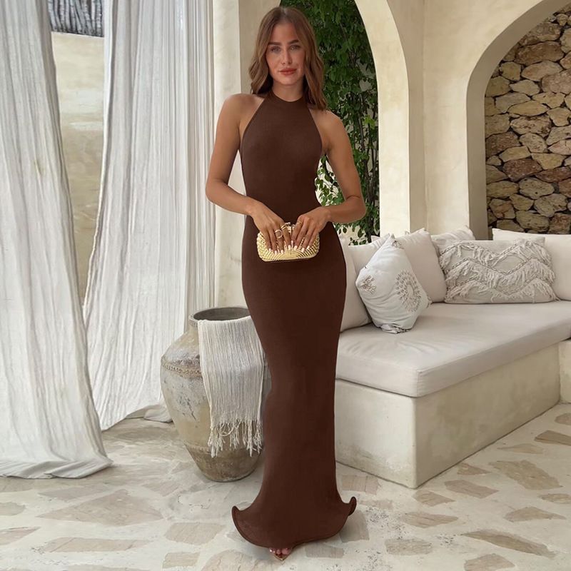 Halter Backless Sexy Maxi Dress Women Gown Fashion Patchwork Off-shoulder Sleeveless Bodycon Club Party Long Dress R0280