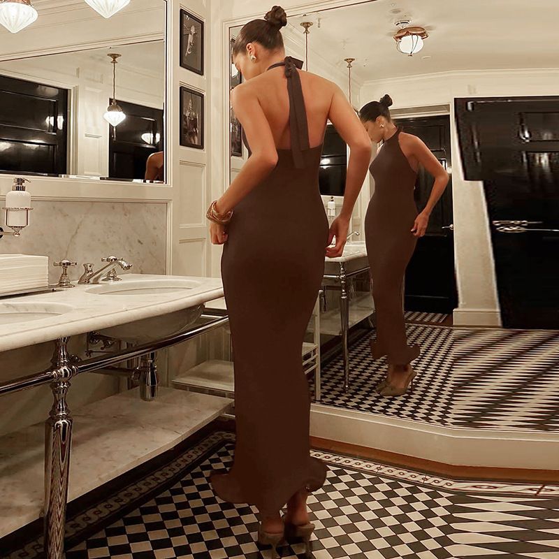 Halter Backless Sexy Maxi Dress Women Gown Fashion Patchwork Off-shoulder Sleeveless Bodycon Club Party Long Dress R0280