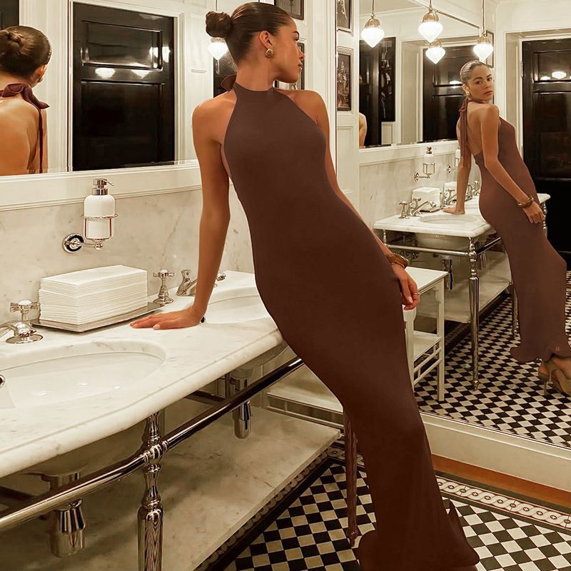 Halter Backless Sexy Maxi Dress Women Gown Fashion Patchwork Off-shoulder Sleeveless Bodycon Club Party Long Dress R0280