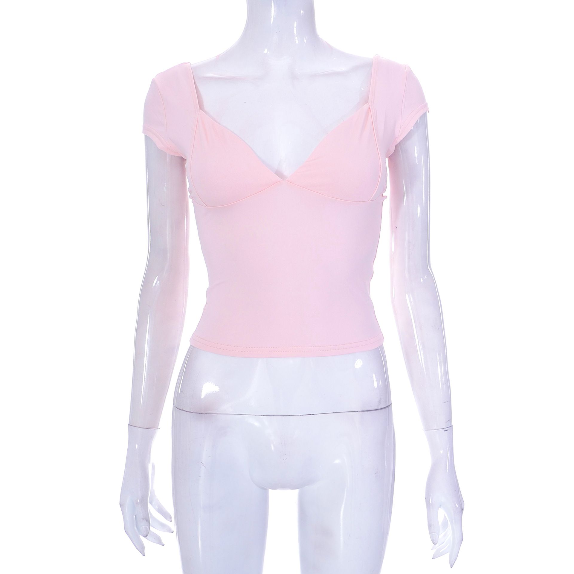 Y2K Vintage Skinny T-Shirt Sexy Low Cut V Neck Crop Top Korean Elegant Chic Women Slim Fit Tees Streetwear R0447