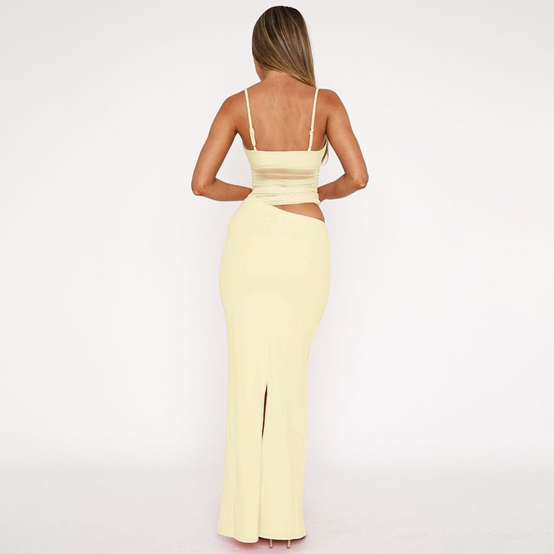 Mesh Spaghetti Strap Women Maxi Dress Sexy High Street Low Neck Patchwork Sheath Long Robe Mujer Party Banquet Vestidos R0283