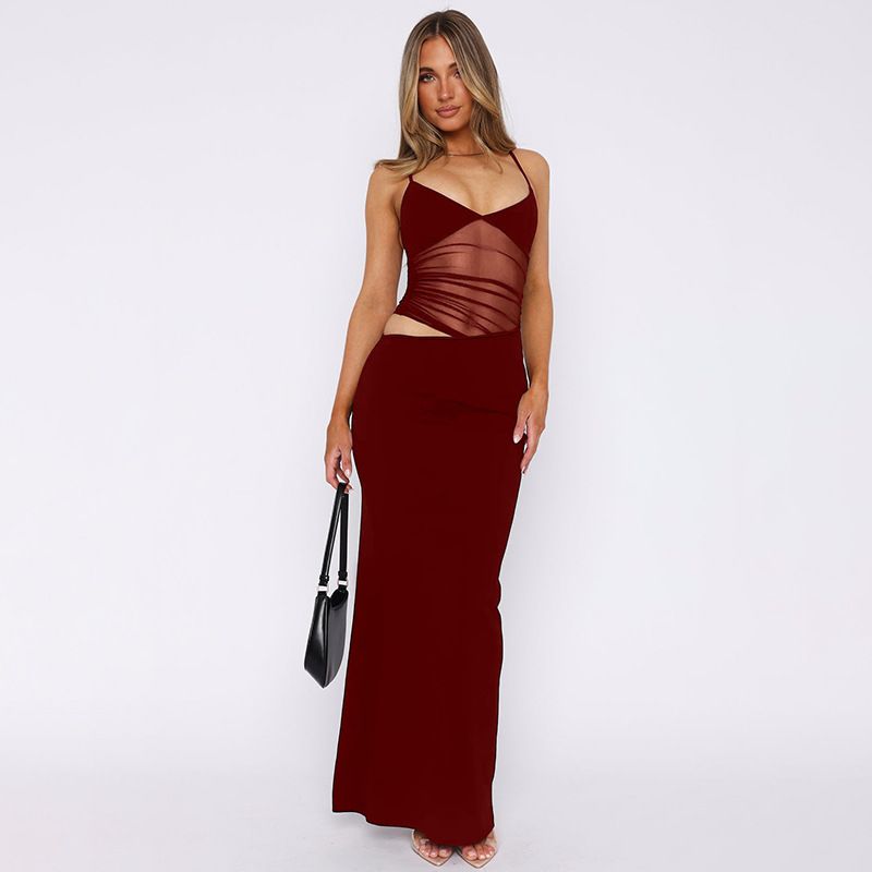Mesh Spaghetti Strap Women Maxi Dress Sexy High Street Low Neck Patchwork Sheath Long Robe Mujer Party Banquet Vestidos R0283