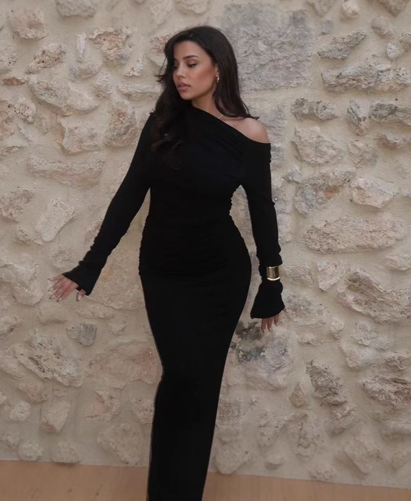 Elegant Slanted Collar Bodycon Maxi Dress Women 2025 Long Sleeve White Black Evening Party Robes Streetwear Female Dresses R0270