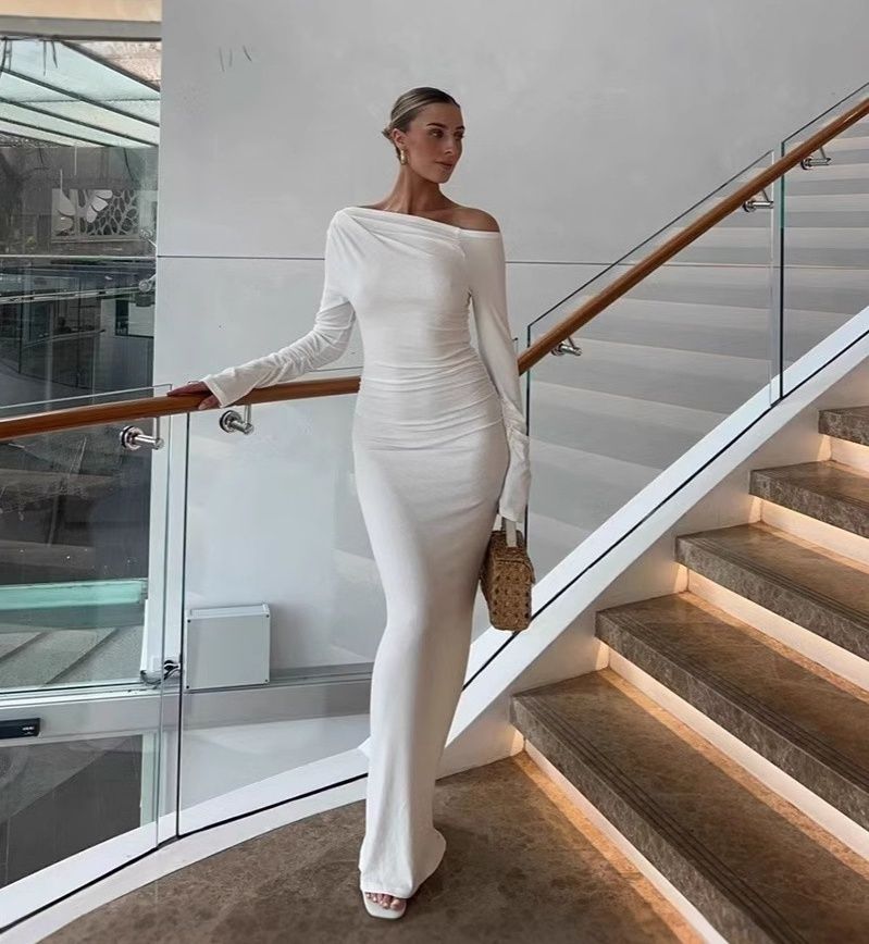 Elegant Slanted Collar Bodycon Maxi Dress Women 2025 Long Sleeve White Black Evening Party Robes Streetwear Female Dresses R0270