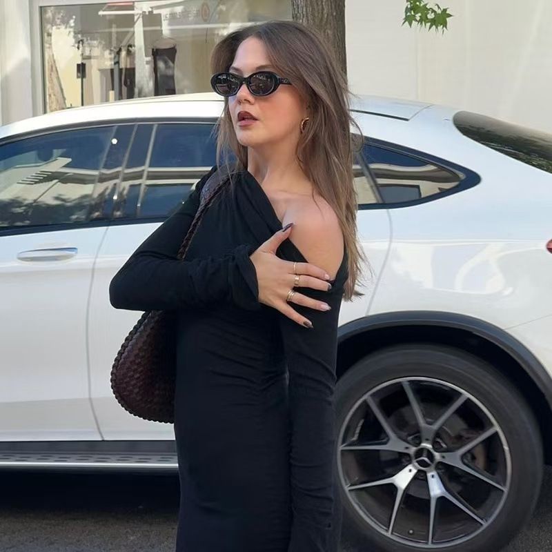 Elegant Slanted Collar Bodycon Maxi Dress Women 2025 Long Sleeve White Black Evening Party Robes Streetwear Female Dresses R0270