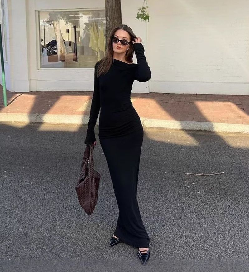 Elegant Slanted Collar Bodycon Maxi Dress Women 2025 Long Sleeve White Black Evening Party Robes Streetwear Female Dresses R0270