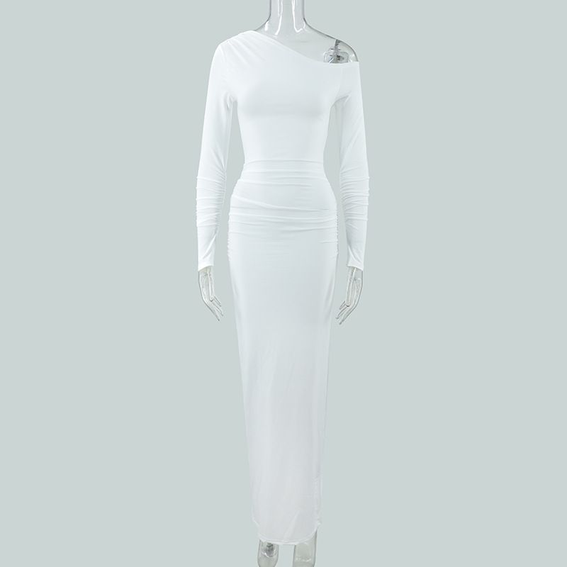 Elegant Slanted Collar Bodycon Maxi Dress Women 2025 Long Sleeve White Black Evening Party Robes Streetwear Female Dresses R0270