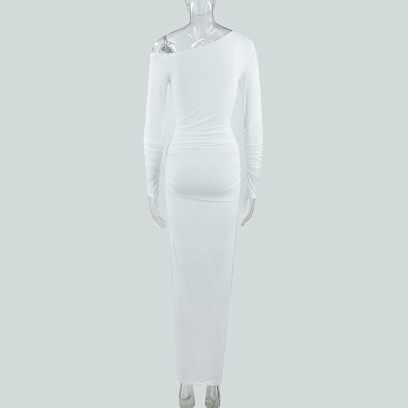 Elegant Slanted Collar Bodycon Maxi Dress Women 2025 Long Sleeve White Black Evening Party Robes Streetwear Female Dresses R0270