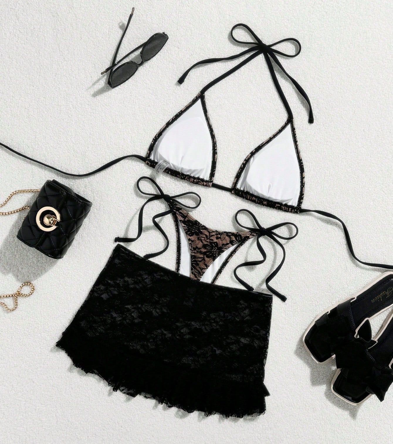 Triangle String Halter Bikinis Sets 3 Pieces Black Lace Mesh Swimwear Thong Sexy Swimsuit Cove Up Women 2025 Bathing Suit Bikini R0187B