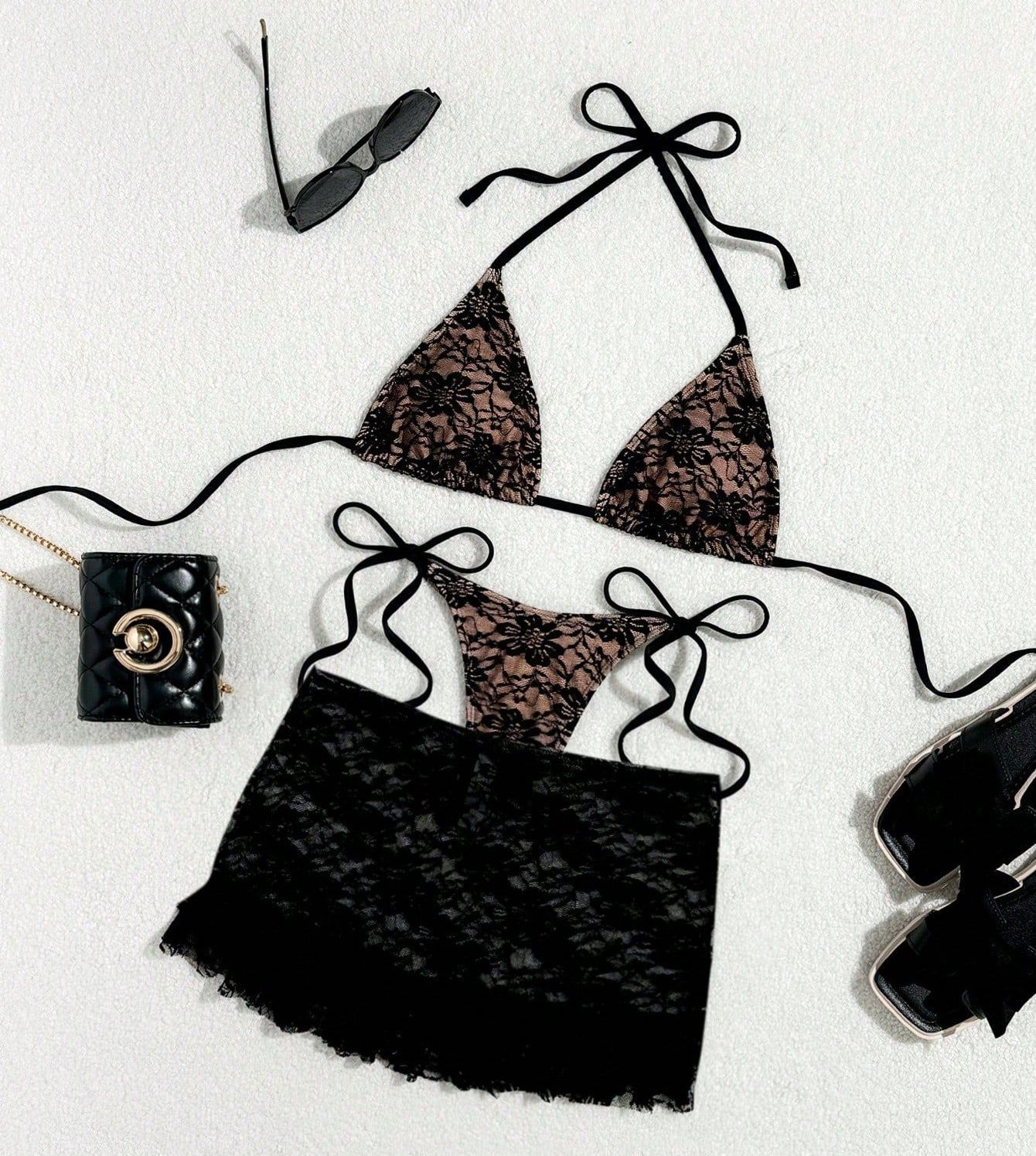 Triangle String Halter Bikinis Sets 3 Pieces Black Lace Mesh Swimwear Thong Sexy Swimsuit Cove Up Women 2025 Bathing Suit Bikini R0187B