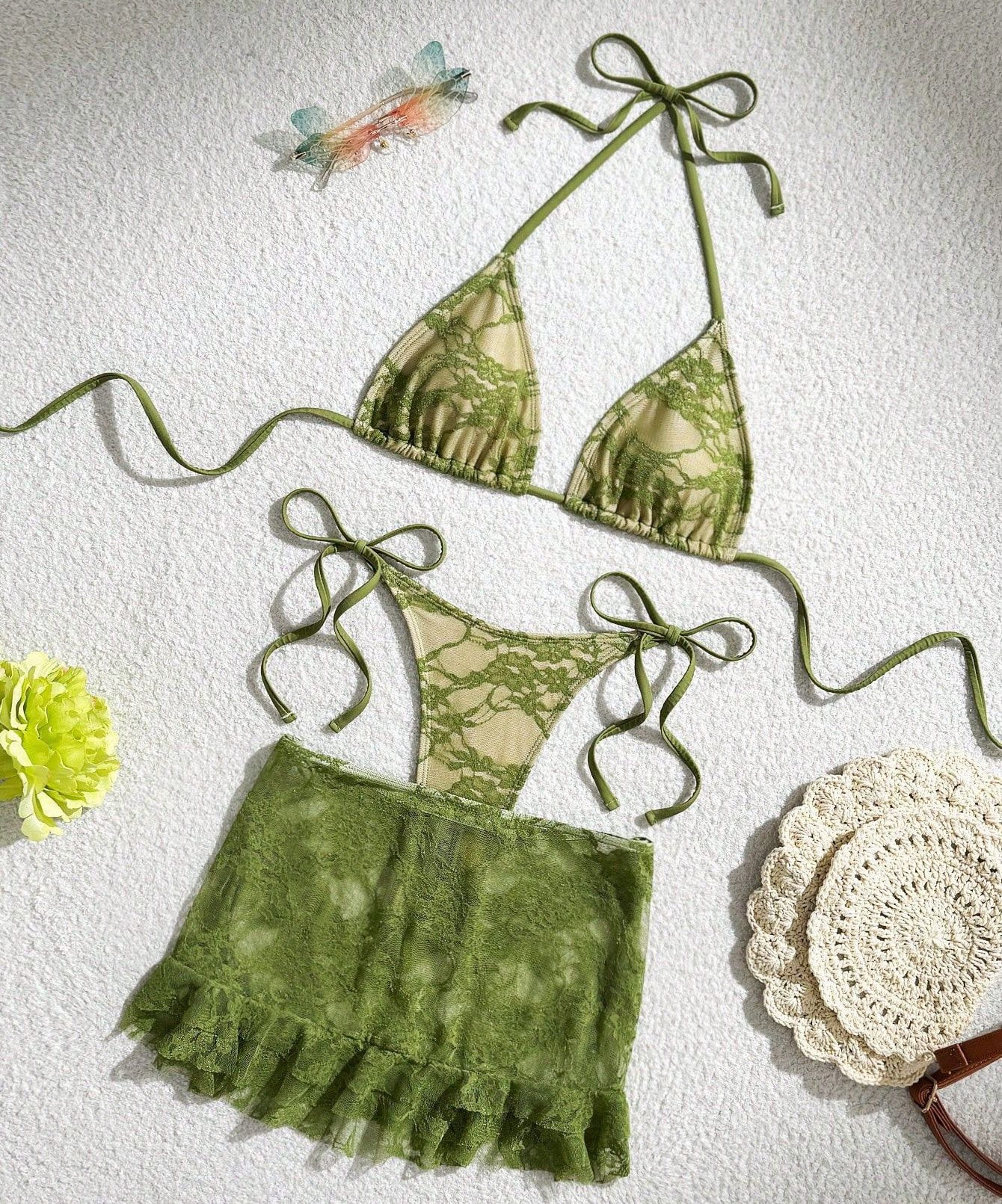 Triangle String Halter Bikinis Sets 3 Pieces Black Lace Mesh Swimwear Thong Sexy Swimsuit Cove Up Women 2025 Bathing Suit Bikini R0187B