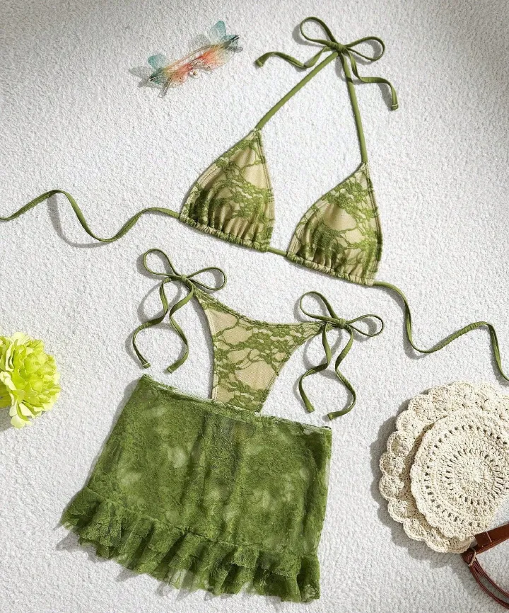 Triangle String Halter Bikinis Sets 3 Pieces Black Lace Mesh Swimwear Thong Sexy Swimsuit Cove Up Women 2025 Bathing Suit Bikini R0187B