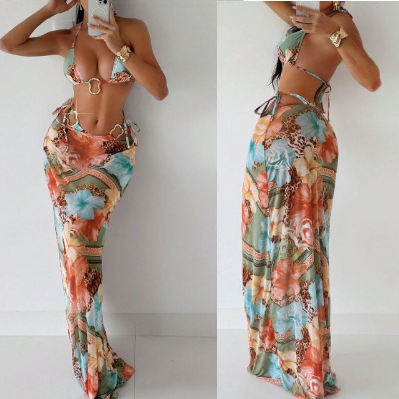 2025 New Flower Print Bikini Set Women's High Waist Long Skirt 3 Piece Swimsuit Sexy Mini Triangle Backless Thong Bathing Suit R0152