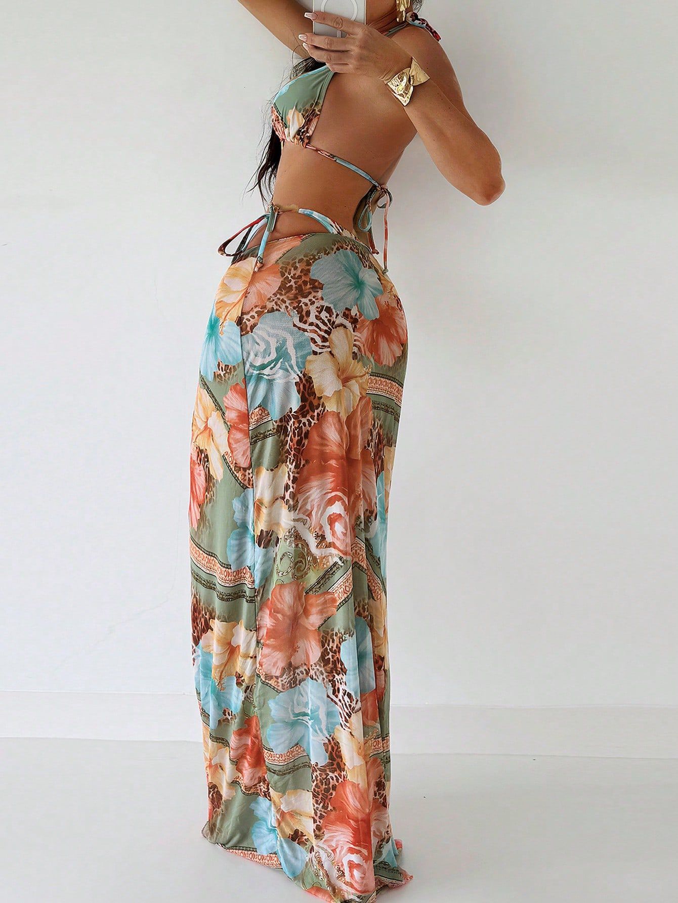 2025 New Flower Print Bikini Set Women's High Waist Long Skirt 3 Piece Swimsuit Sexy Mini Triangle Backless Thong Bathing Suit R0152