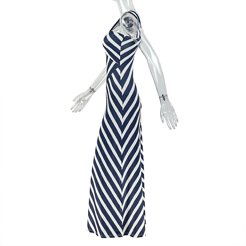 Elegant V-neck Hollow Out Evening Party Dress Women Casual Sleeveless Waist Slim Long Dress Fashion Striped Print Gowns Dresses R0210