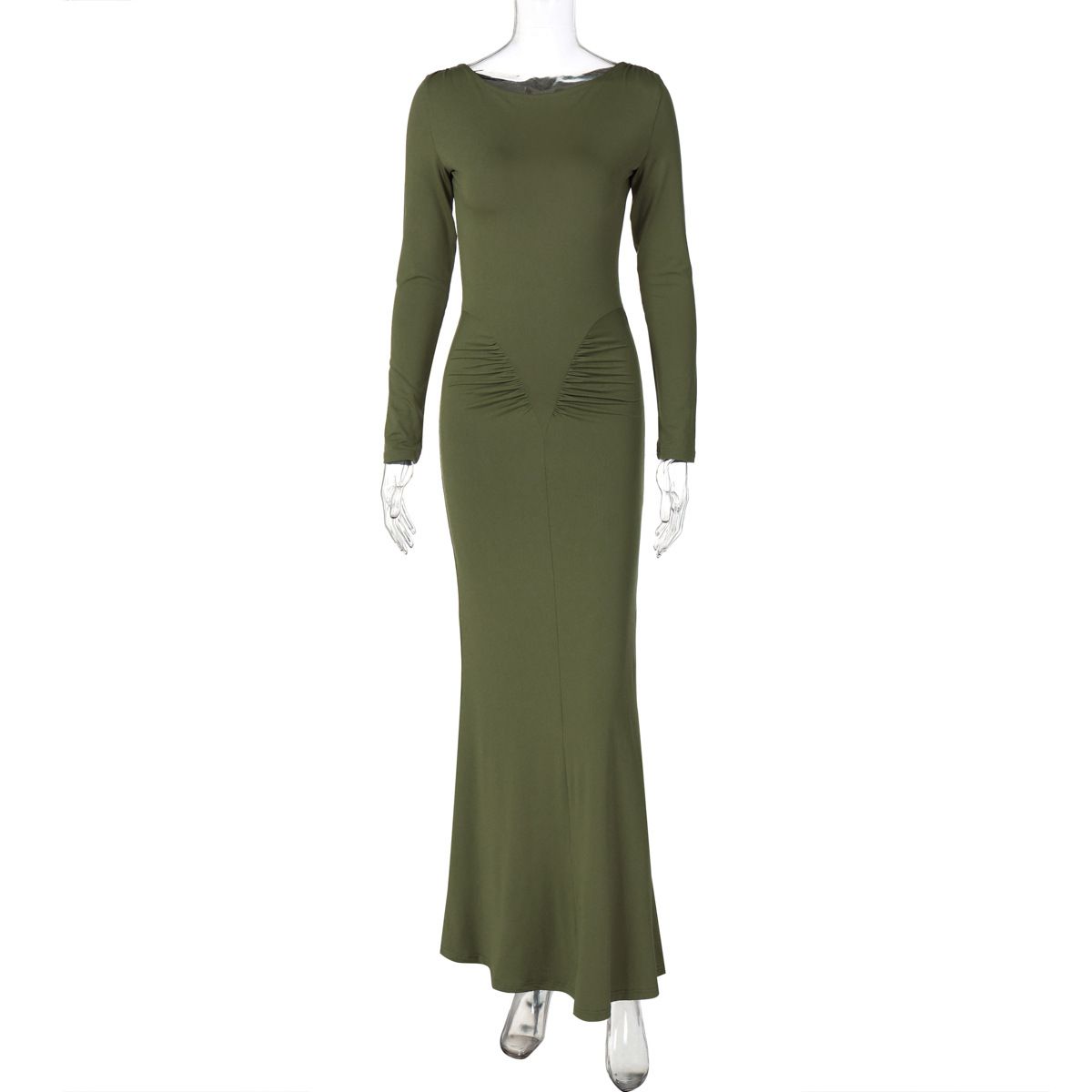 Elegant Solid Long Sleeve Maxi Dress Bodycon Ruched Simple Women Clothes Cocktail Evening Party Dresses Y2K Wholesale R0228