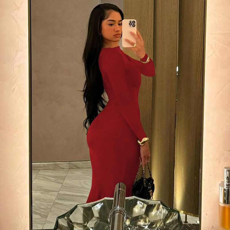 Elegant Solid Long Sleeve Maxi Dress Bodycon Ruched Simple Women Clothes Cocktail Evening Party Dresses Y2K Wholesale R0228
