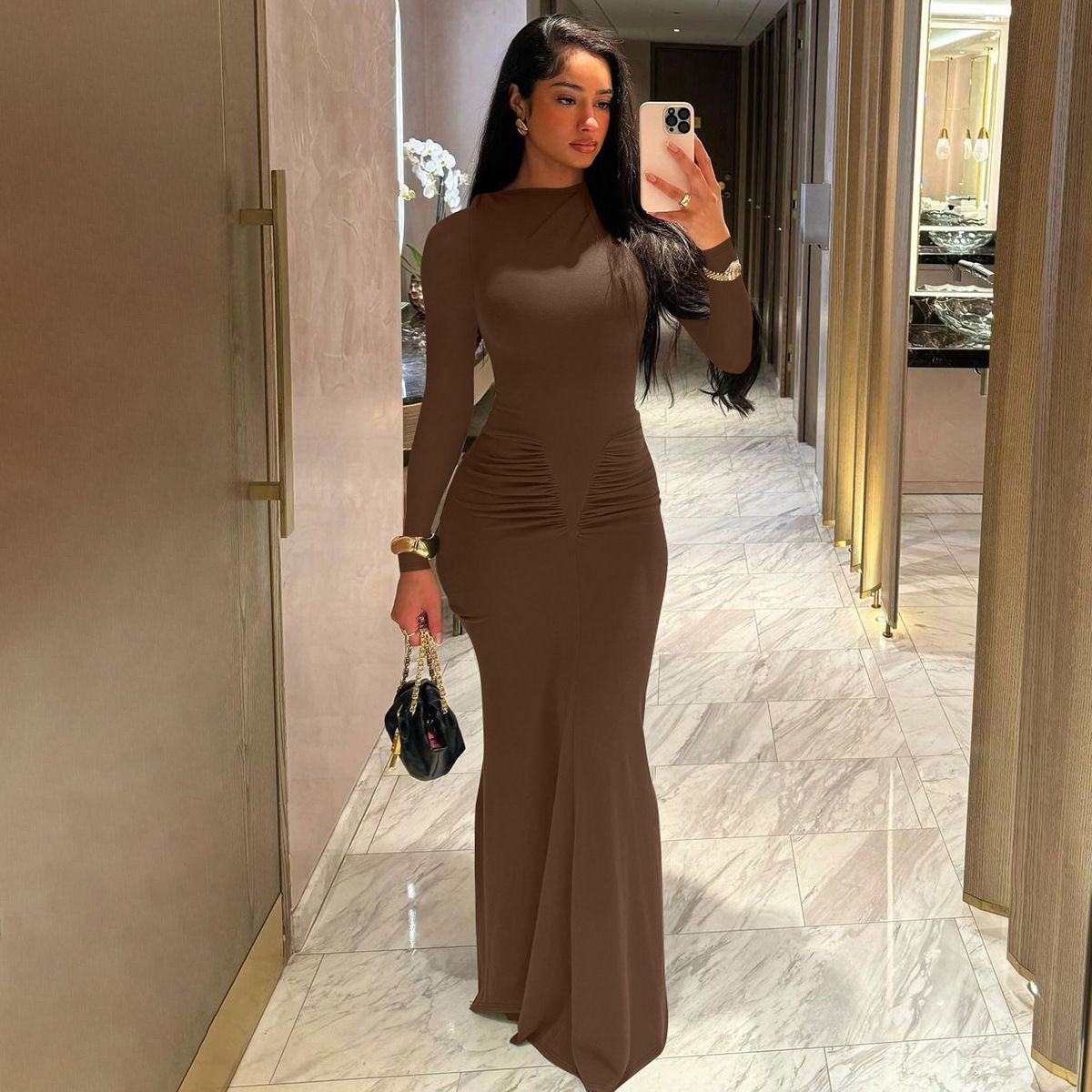 Elegant Solid Long Sleeve Maxi Dress Bodycon Ruched Simple Women Clothes Cocktail Evening Party Dresses Y2K Wholesale R0228