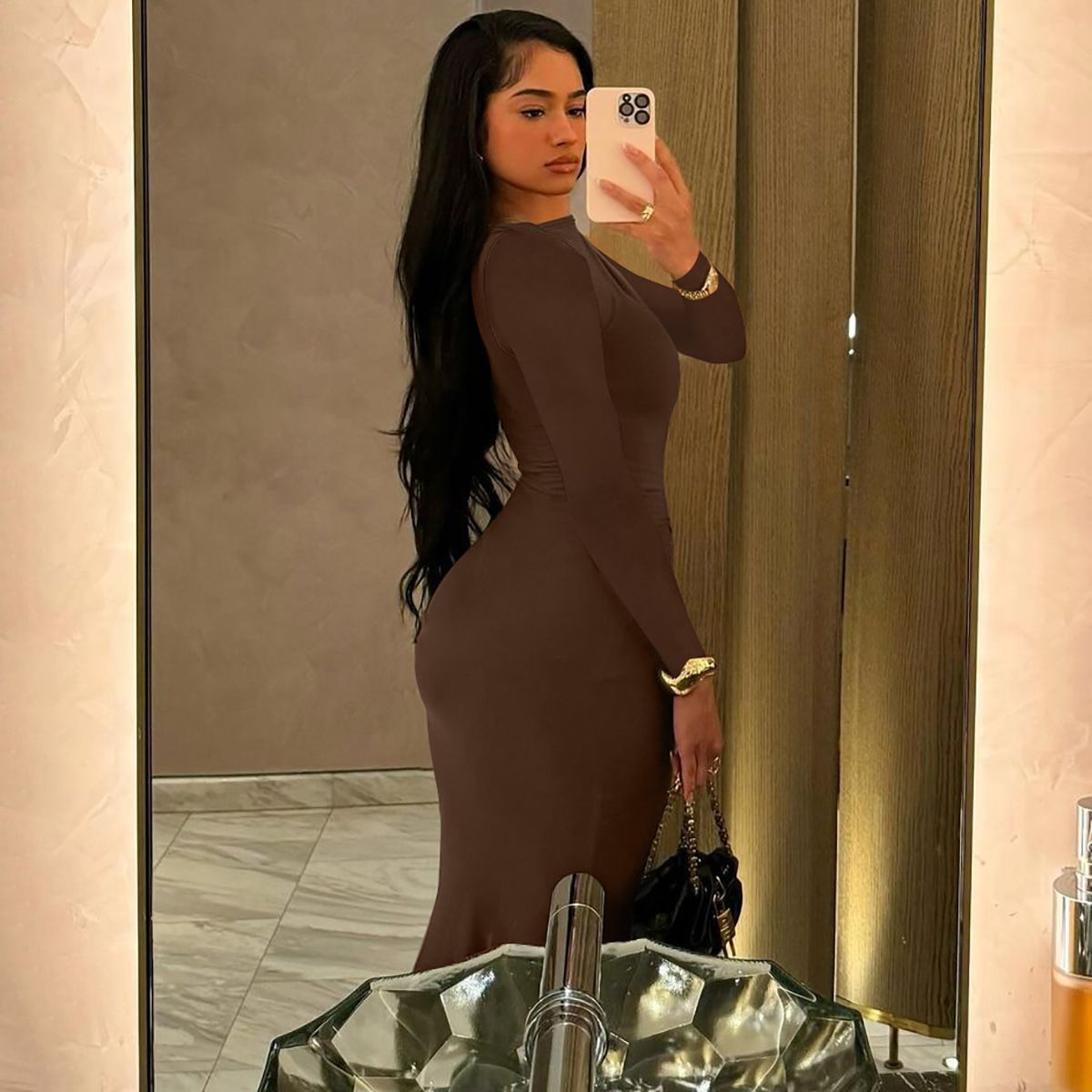 Elegant Solid Long Sleeve Maxi Dress Bodycon Ruched Simple Women Clothes Cocktail Evening Party Dresses Y2K Wholesale R0228