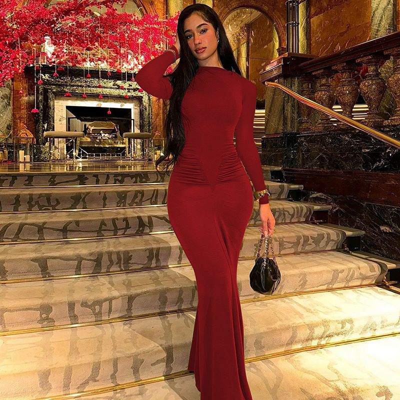 Elegant Solid Long Sleeve Maxi Dress Bodycon Ruched Simple Women Clothes Cocktail Evening Party Dresses Y2K Wholesale R0228