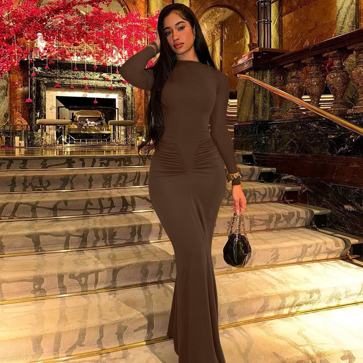 Elegant Solid Long Sleeve Maxi Dress Bodycon Ruched Simple Women Clothes Cocktail Evening Party Dresses Y2K Wholesale R0228