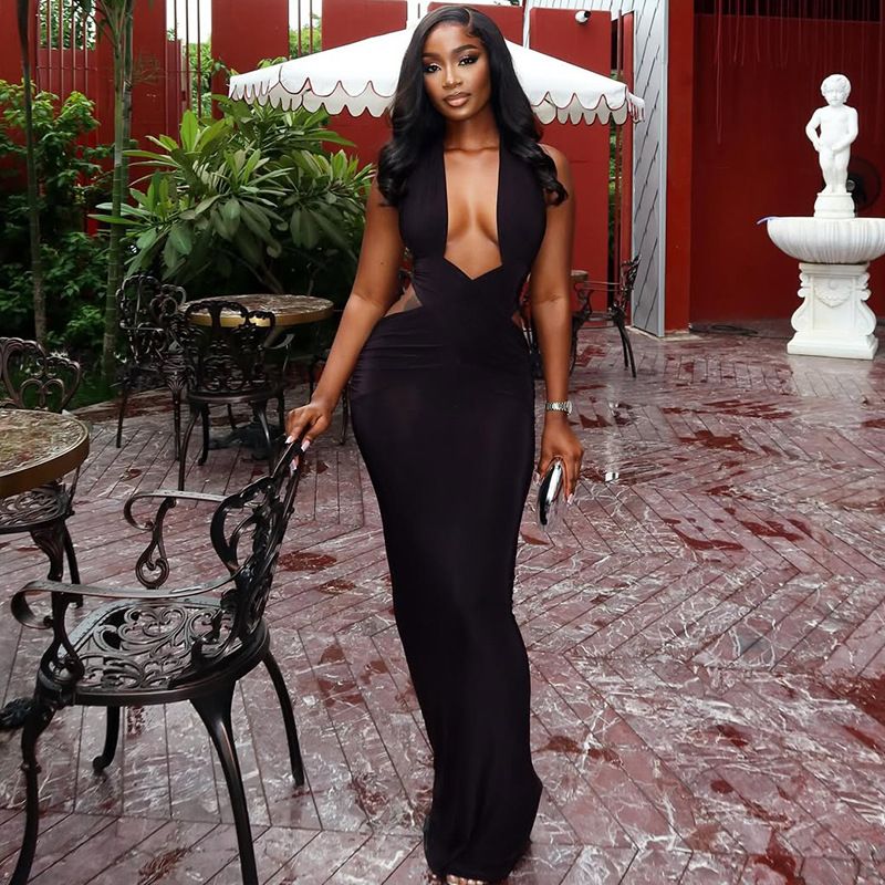 Fashion Halter Women's Maxi Dresses Solid Deep V-Neck Sleeveless Blackless Bandage Sheath Bodycon Party Vestidos Robes R0257