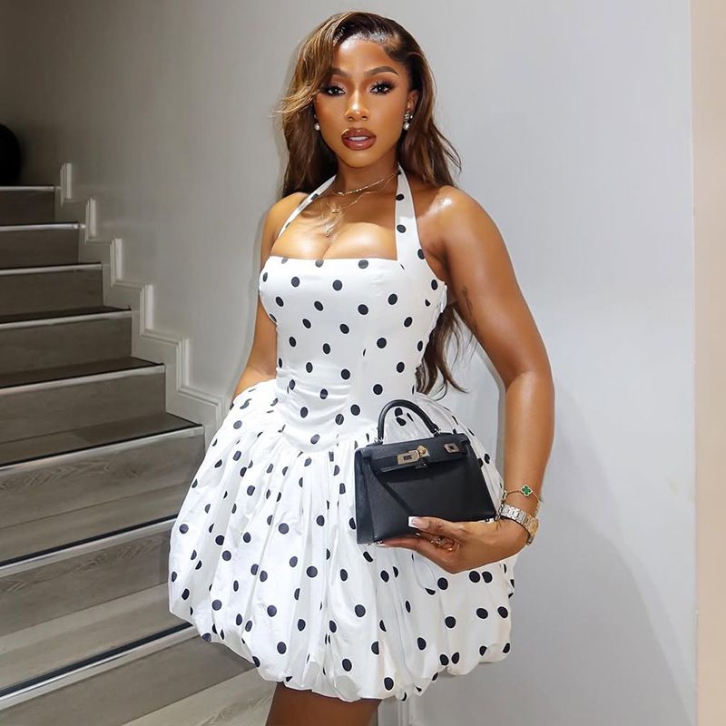 Polka Dot Vacation Mini Dress For Women High Waist A-line Ball Gown Dress Sleeveless Halter Neck Female Summer Fashion R0205A