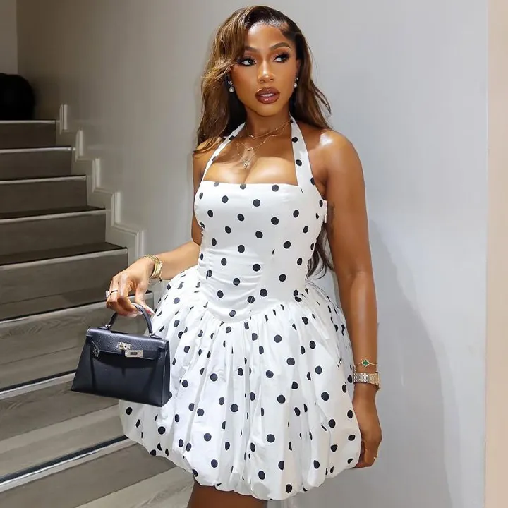 Polka Dot Vacation Mini Dress For Women High Waist A-line Ball Gown Dress Sleeveless Halter Neck Female Summer Fashion R0205A