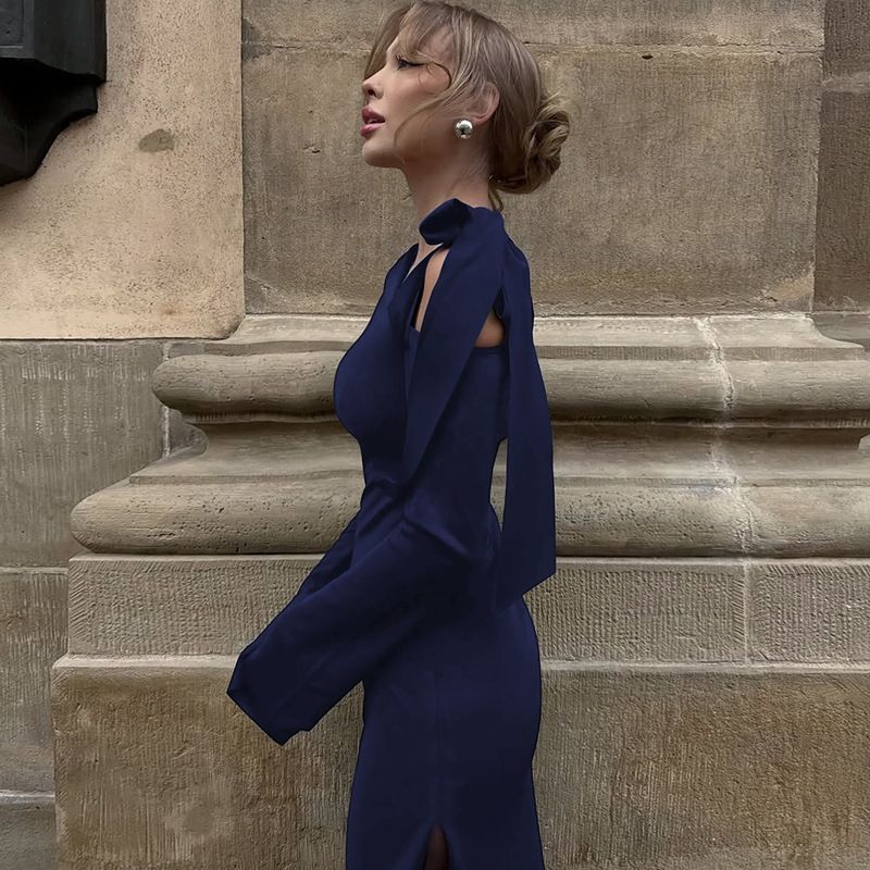 Sexy One Shoulder Long Sleeve Backless Cross Ruched Bodycon Long Dress Women 2025 Autumn Birthday Party Evening Gown Dresses R0207A