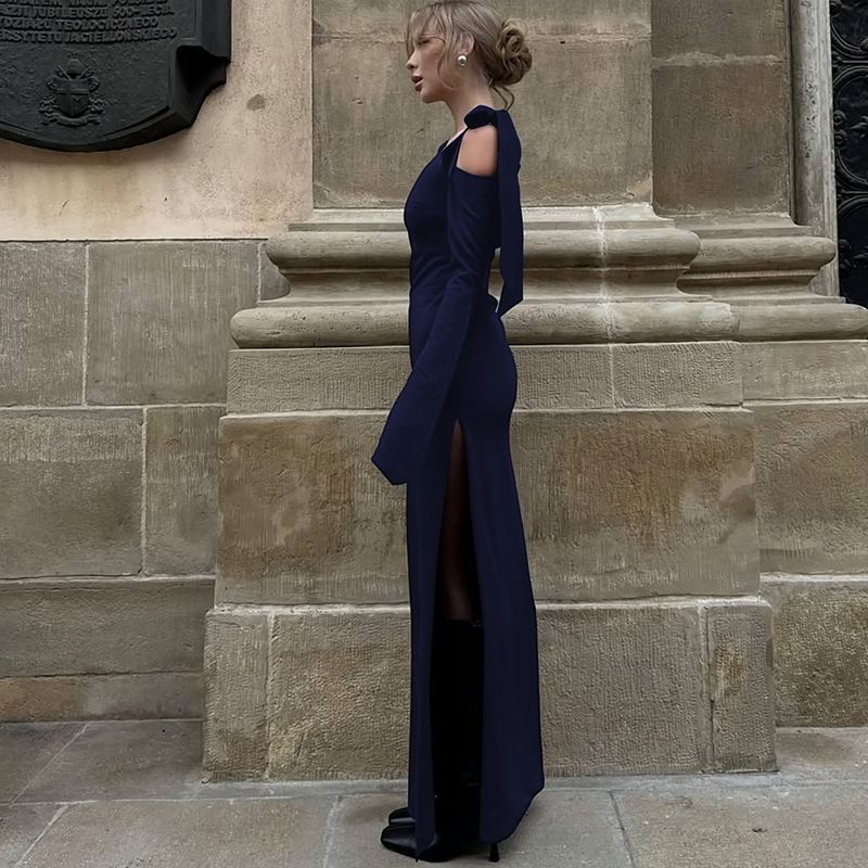 Sexy One Shoulder Long Sleeve Backless Cross Ruched Bodycon Long Dress Women 2025 Autumn Birthday Party Evening Gown Dresses R0207A