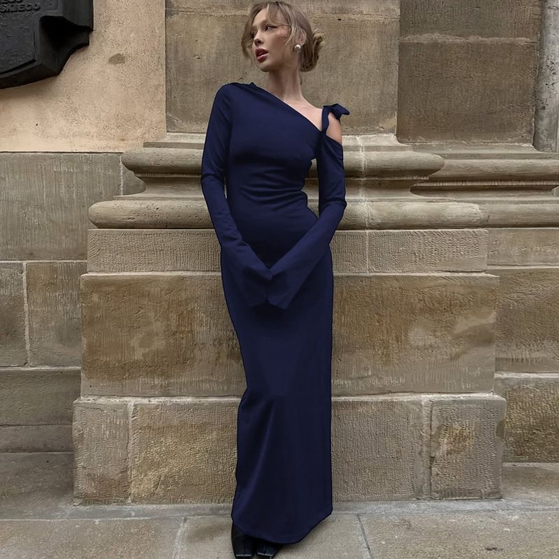 Sexy One Shoulder Long Sleeve Backless Cross Ruched Bodycon Long Dress Women 2025 Autumn Birthday Party Evening Gown Dresses R0207A