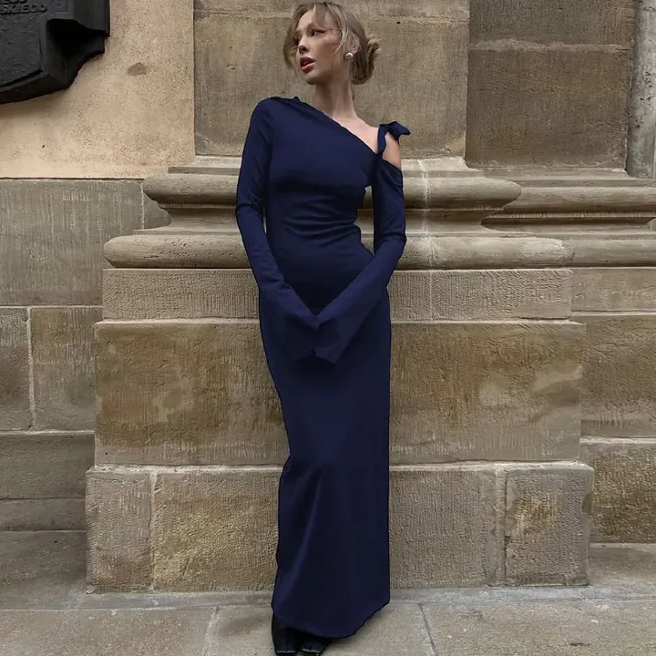 Sexy One Shoulder Long Sleeve Backless Cross Ruched Bodycon Long Dress Women 2025 Autumn Birthday Party Evening Gown Dresses R0207A