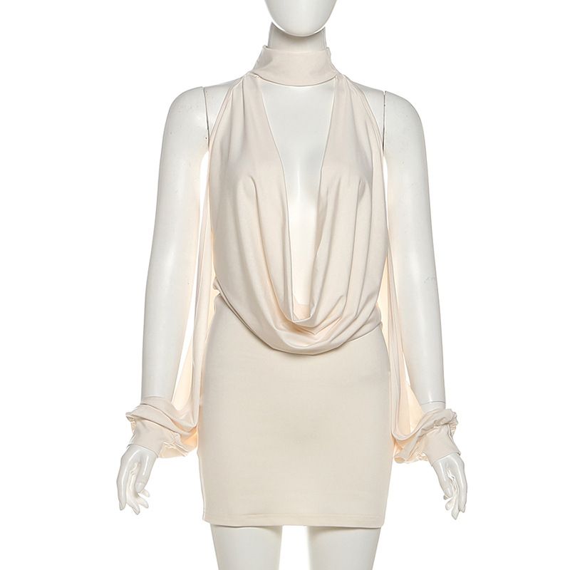 Halter Swinging Neck Women Mini Dresses Sexy Hot Backless Cleavage Full Sleeve Pleated Bodycon Ladies Coquette Clubwear R0214A