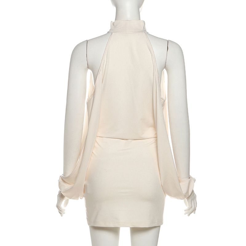 Halter Swinging Neck Women Mini Dresses Sexy Hot Backless Cleavage Full Sleeve Pleated Bodycon Ladies Coquette Clubwear R0214A