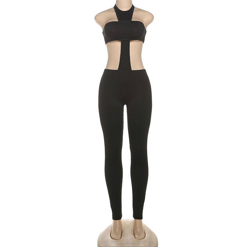 Cross Cut Halter Women Jumpsuits Unique Sexy Coquette Bandage Backless Elastic Overalls Female Midnight Dance One Piece R0304