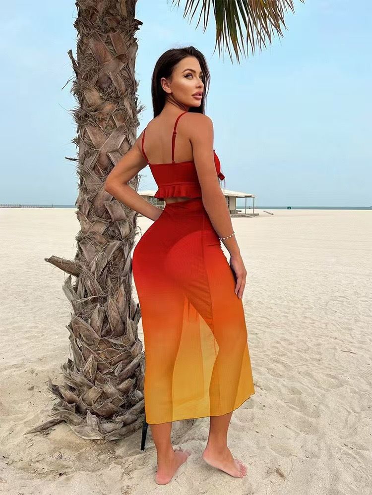 3Pieces Tie Dye Knot Front Bikinis 2026 Women Ruffle Swimwear Female High Waist Swimsuit & Drawstring Beach Skirt Bathing Suit R0134R