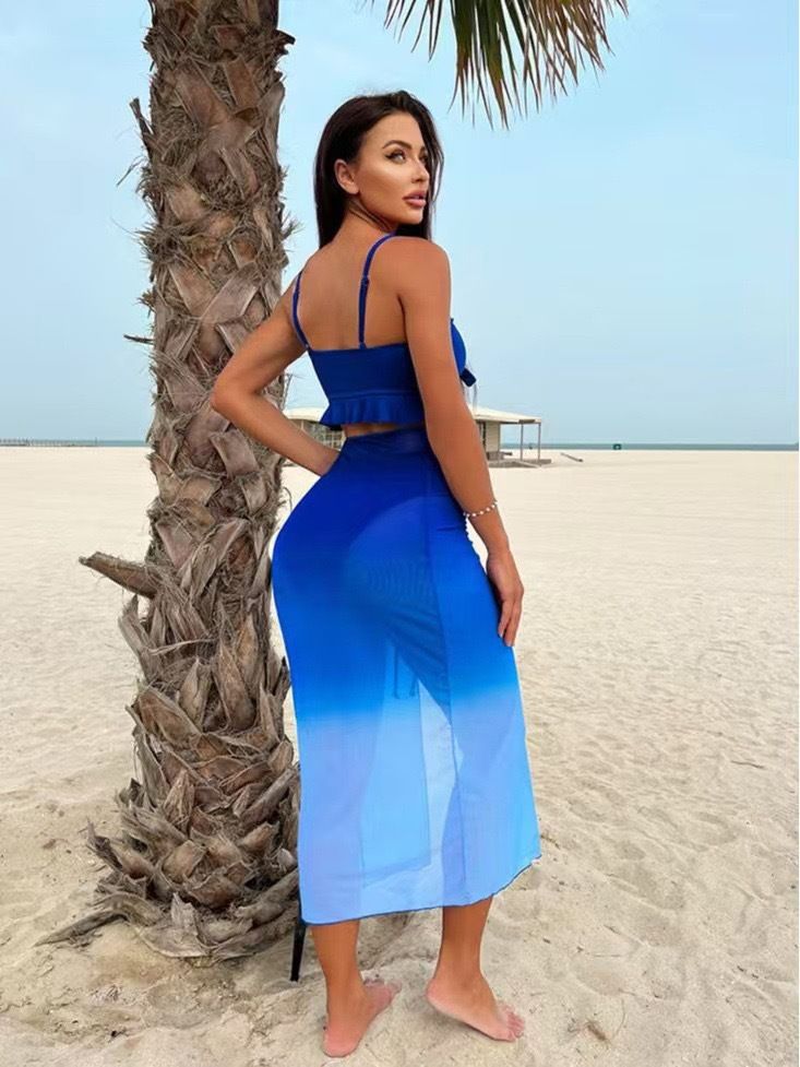 3Pieces Tie Dye Knot Front Bikinis 2026 Women Ruffle Swimwear Female High Waist Swimsuit & Drawstring Beach Skirt Bathing Suit R0134R