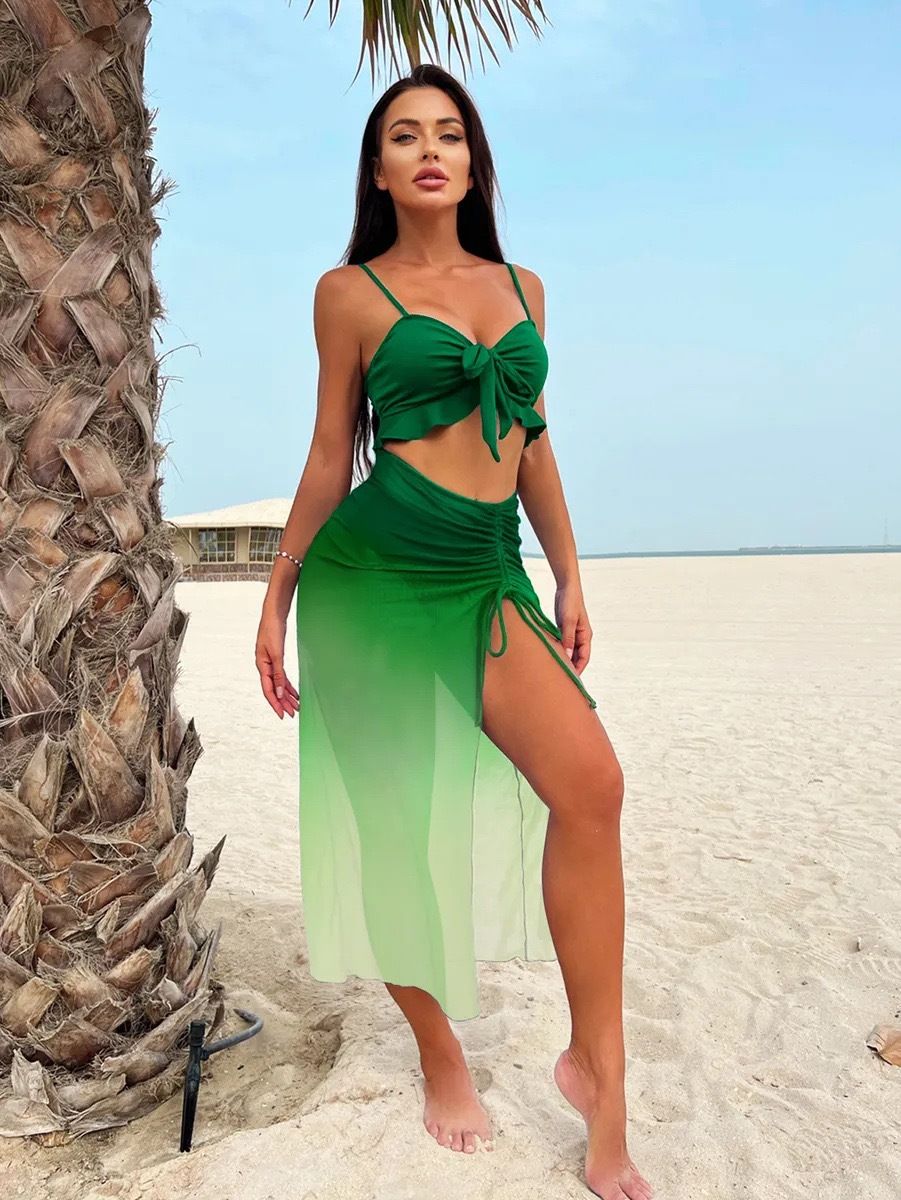 3Pieces Tie Dye Knot Front Bikinis 2026 Women Ruffle Swimwear Female High Waist Swimsuit & Drawstring Beach Skirt Bathing Suit R0134R