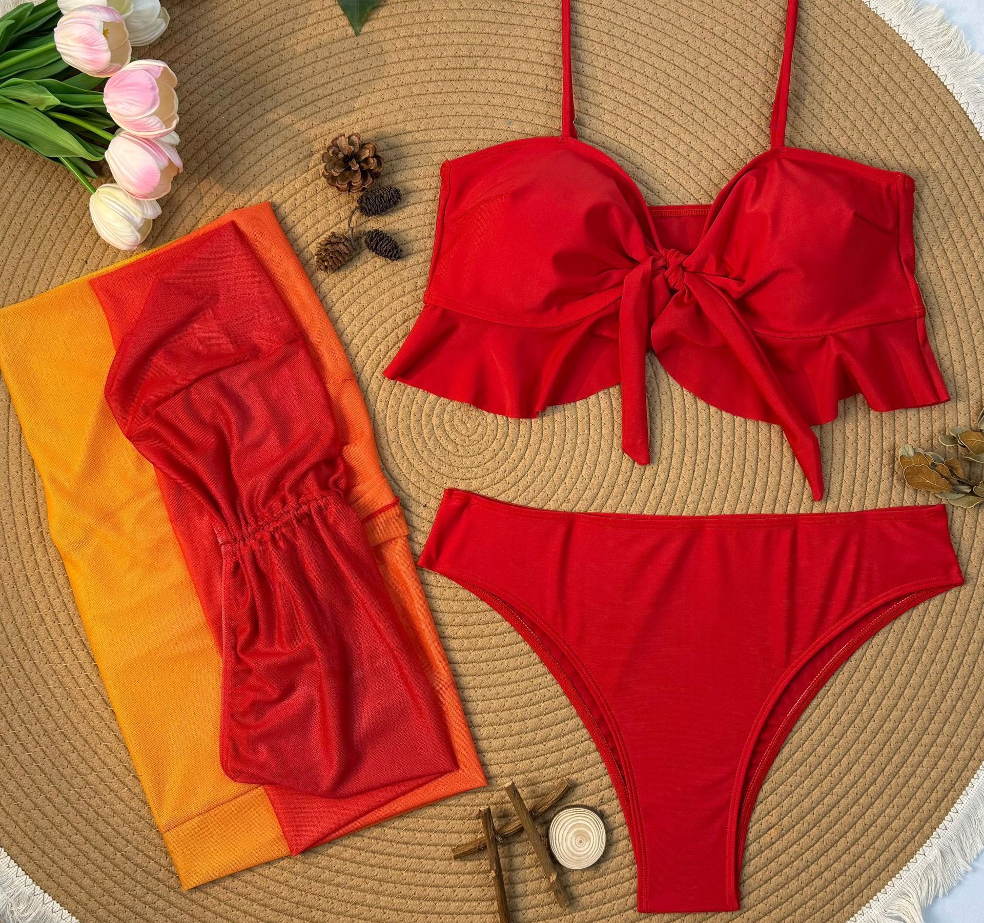 3Pieces Tie Dye Knot Front Bikinis 2026 Women Ruffle Swimwear Female High Waist Swimsuit & Drawstring Beach Skirt Bathing Suit R0134R