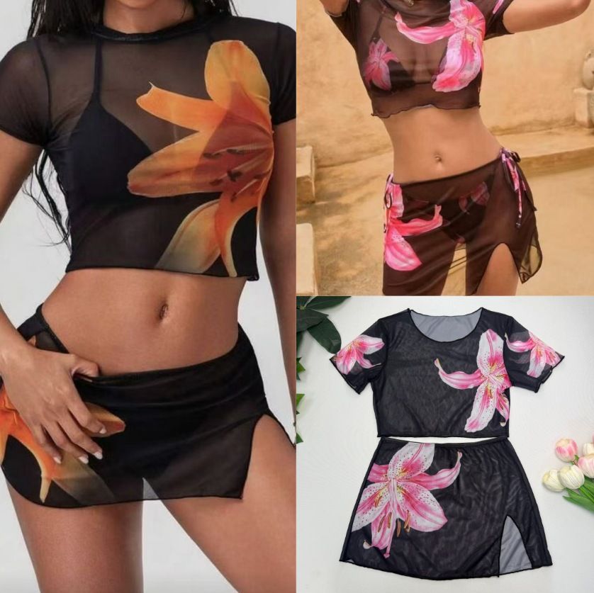 4Piece Set Bikini Women's Swimsuit Printed Strapless Apron Style Swimming Suit Sexy Fresh European Style Polyester Fabric R0152R