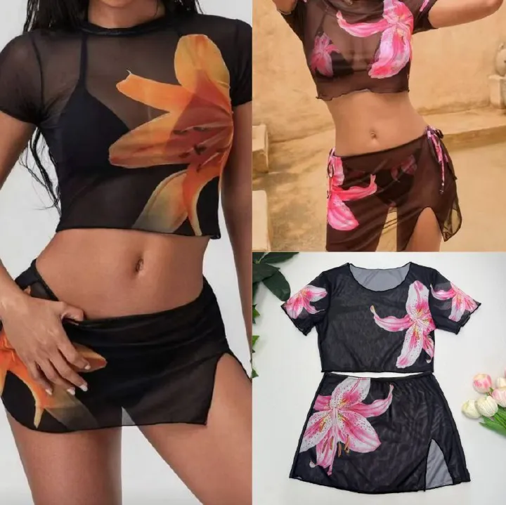 4Piece Set Bikini Women's Swimsuit Printed Strapless Apron Style Swimming Suit Sexy Fresh European Style Polyester Fabric R0152R