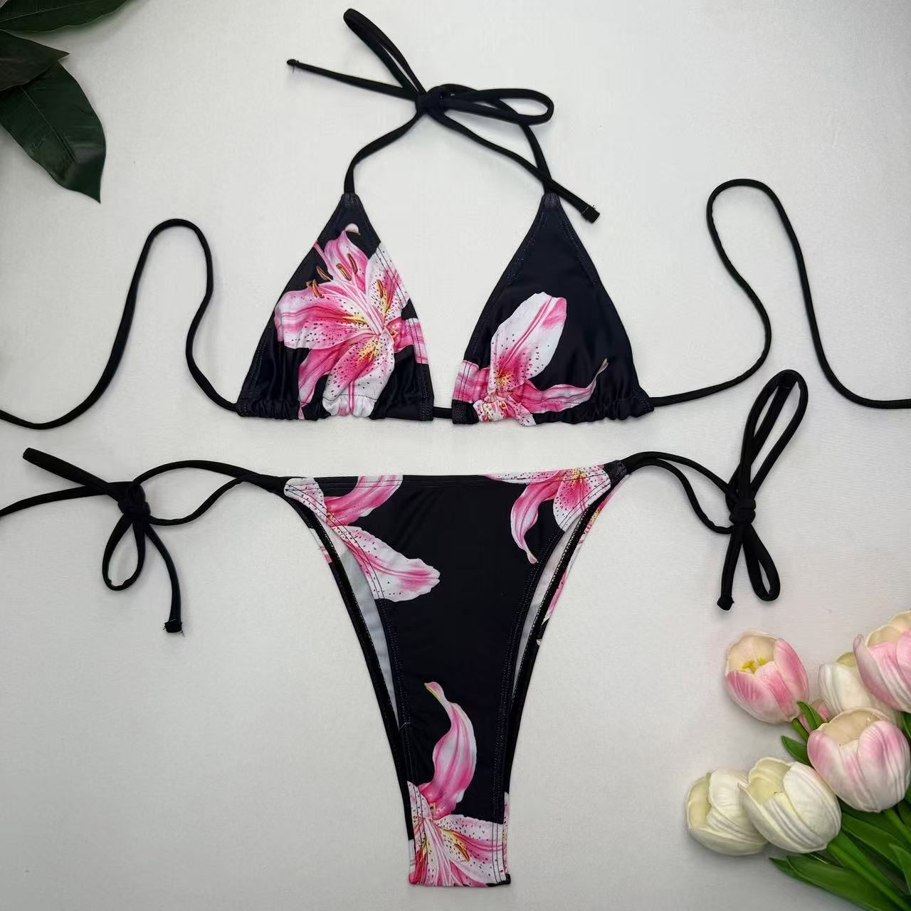 4Piece Set Bikini Women's Swimsuit Printed Strapless Apron Style Swimming Suit Sexy Fresh European Style Polyester Fabric R0152R